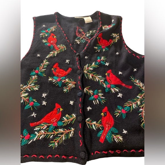 VTG Bobbie Brooks Cardigan Sweater Vest Christmas Cardinal Evergreen Size XL - Picture 1 of 11
